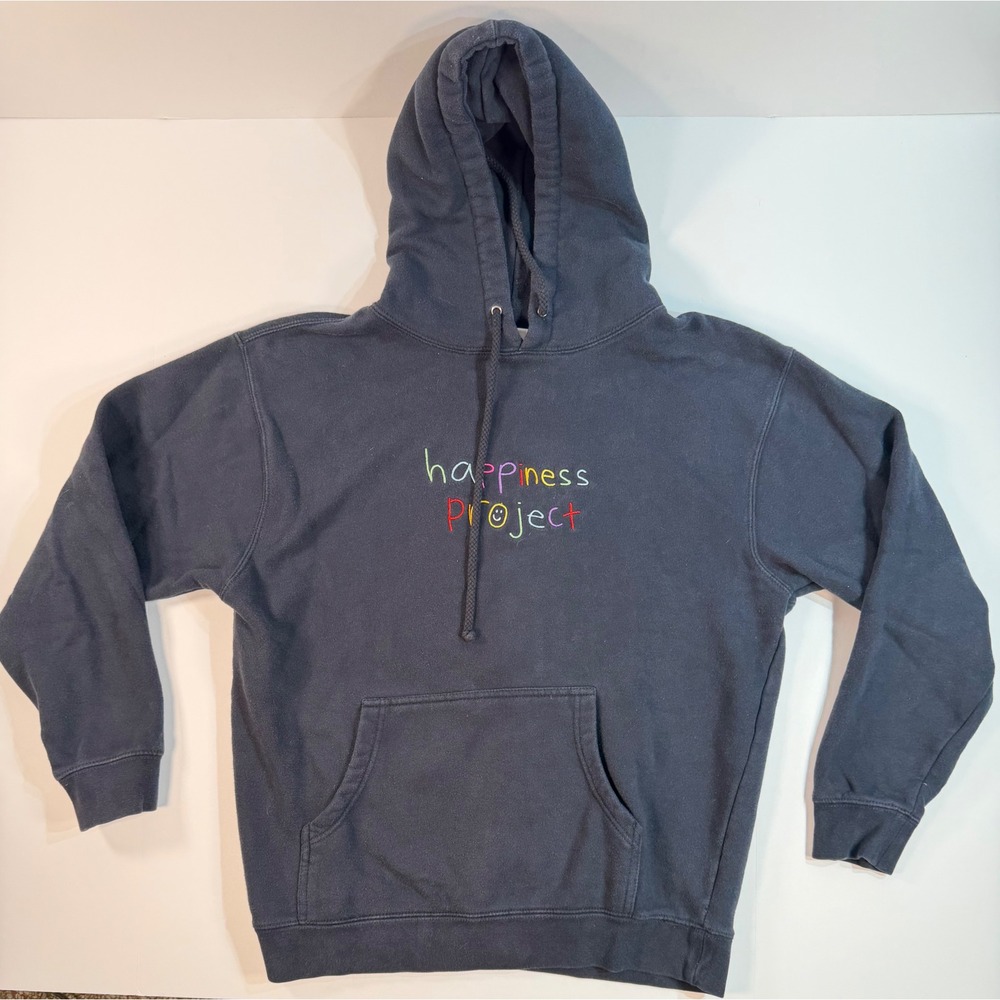 Happiness Project Embroidered Logo Hoodie Charcoal Black Mens Medium